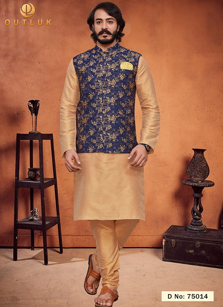 Golden And Blue Colour Outluk Vol 75 Latest Designer Festive Wear Kurta Pajama With Jacket Collection 75014